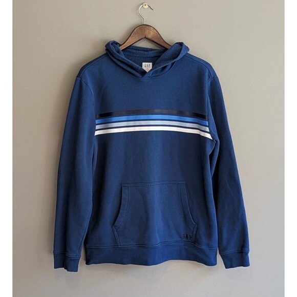 Gap Size Medium Retro Style Hoodie Mens Pullover Sweatshirt Stripe Blue LS - Picture 1 of 5
